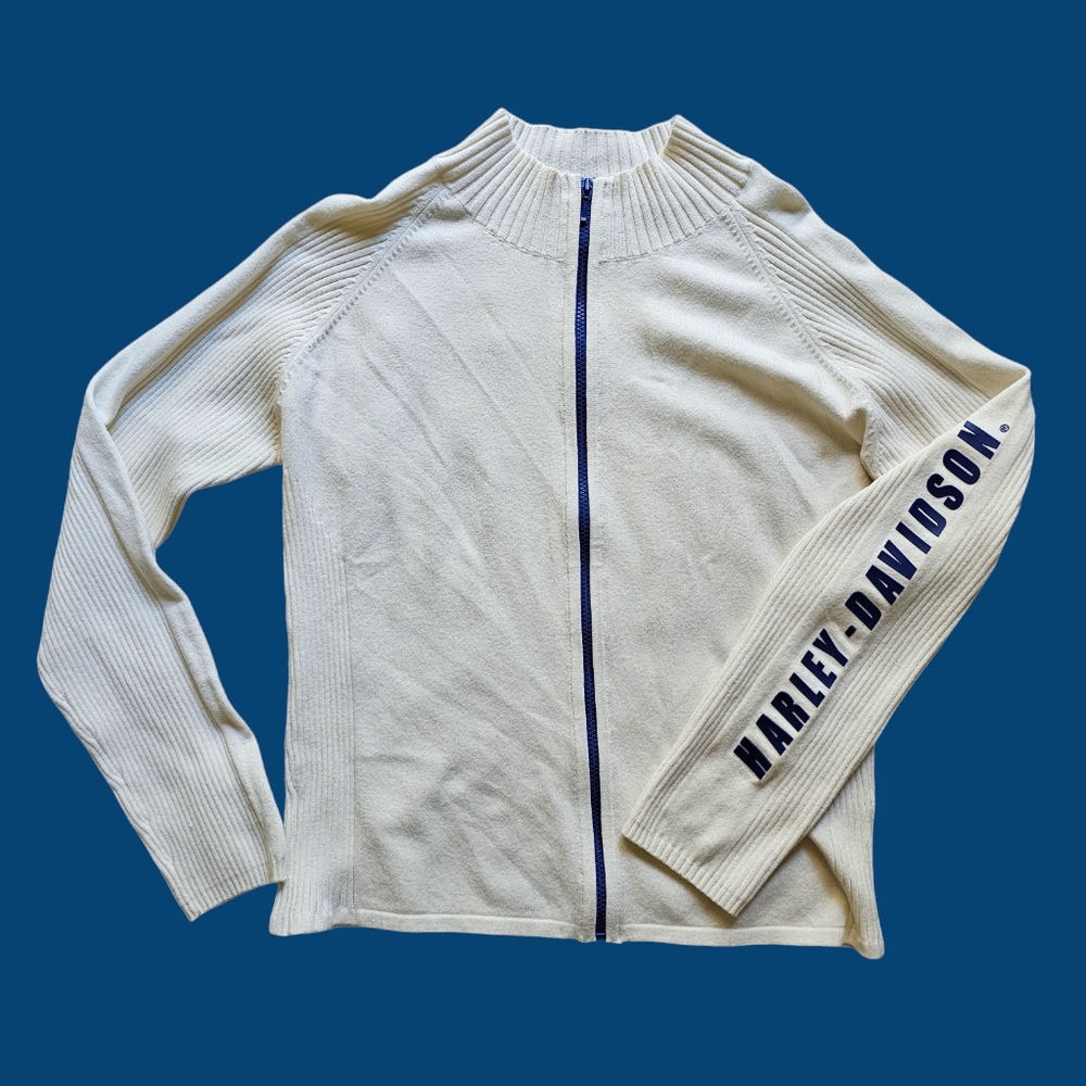 Harley Davidson milky white blue letters cotton blend zip up longsleeve size XL